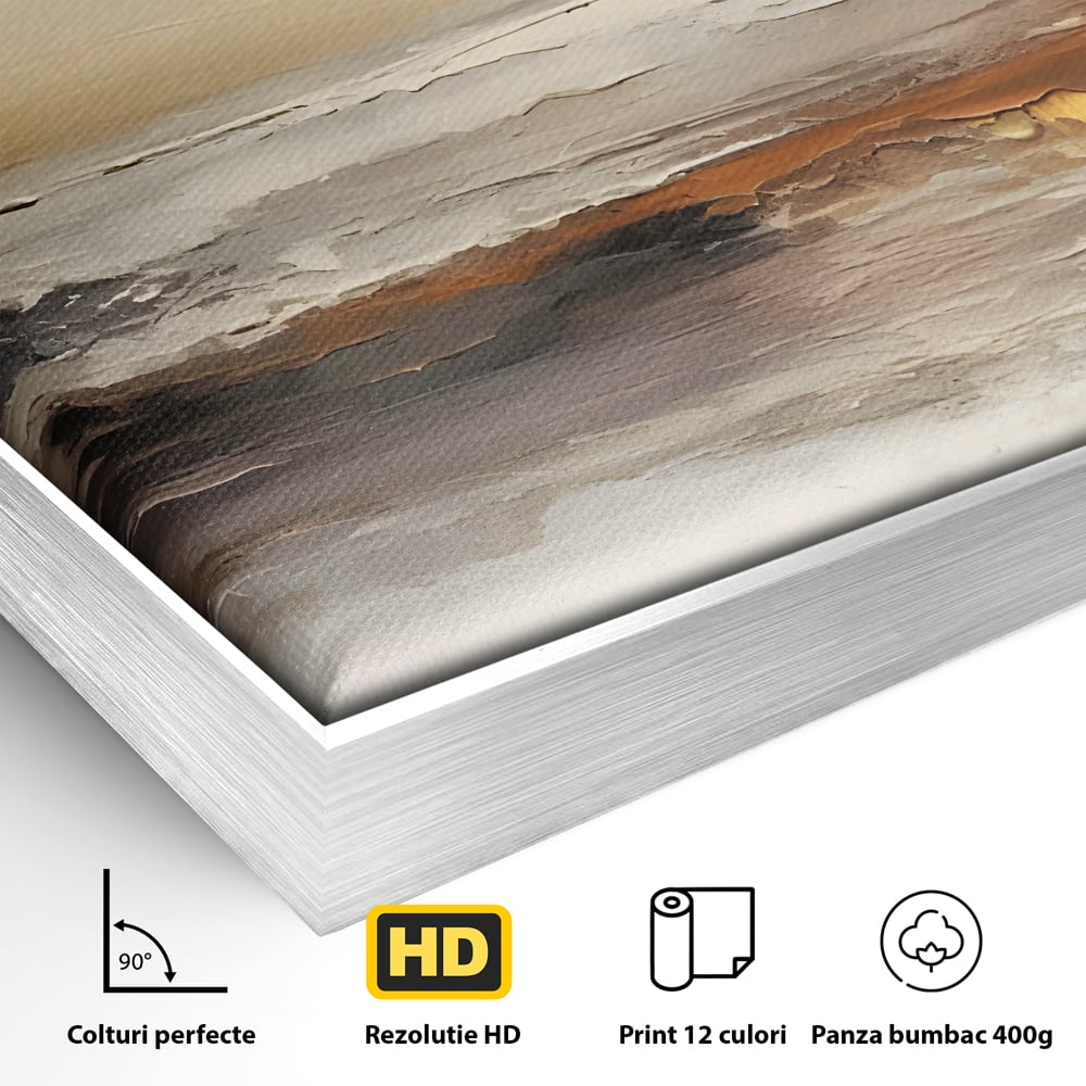 Detaliu al suprafetei: pictura abstracta cu peisaj marin, in rama de aluminiu argintiu